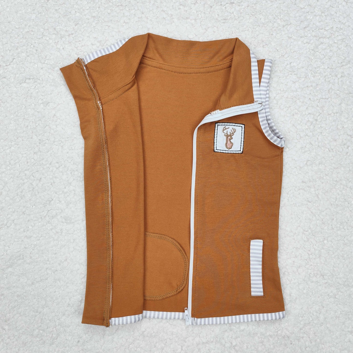 deer embroidery baby boy brown vest with pocket