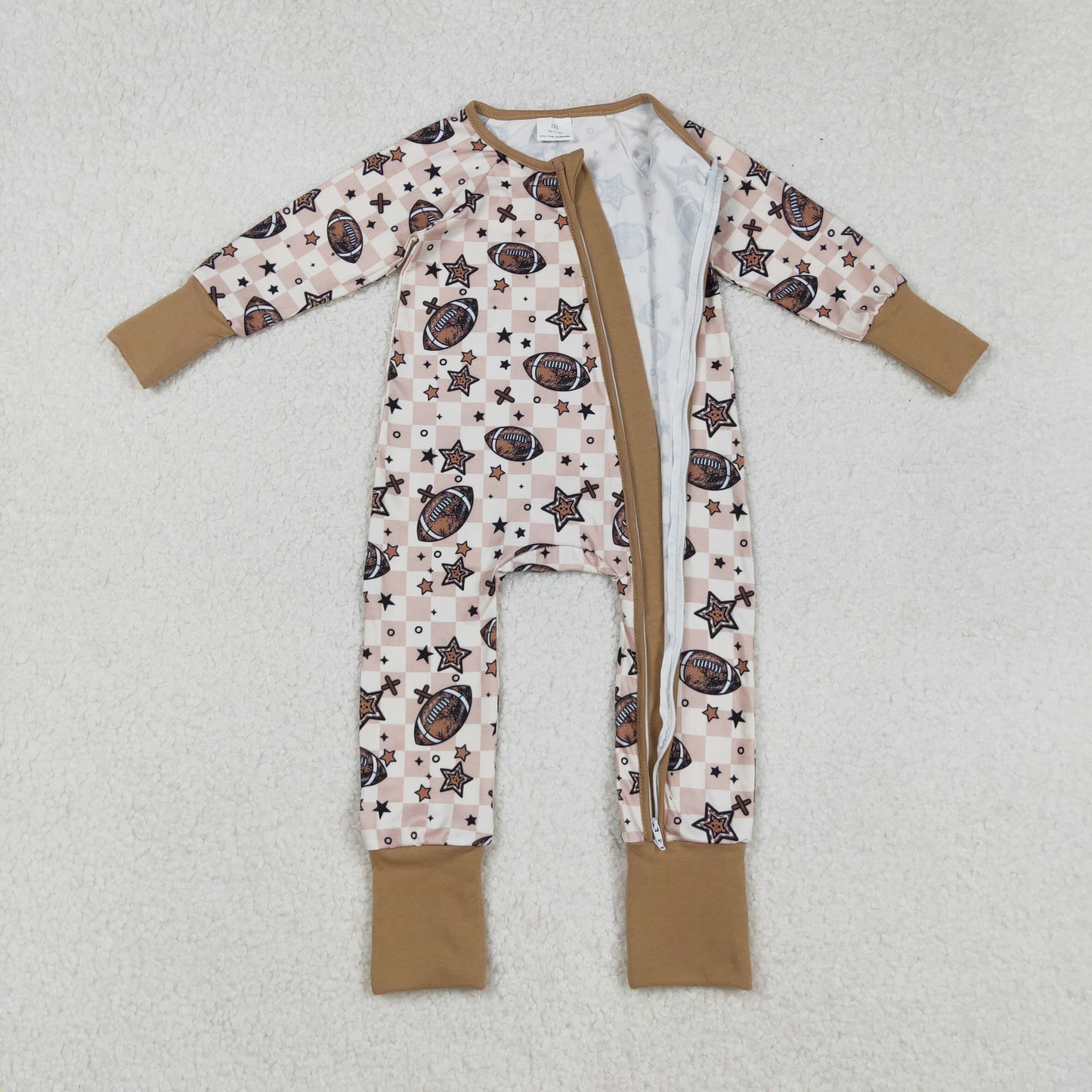 brown football baby boy zipper sleeper