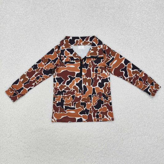 boy brown camo half zip pullover