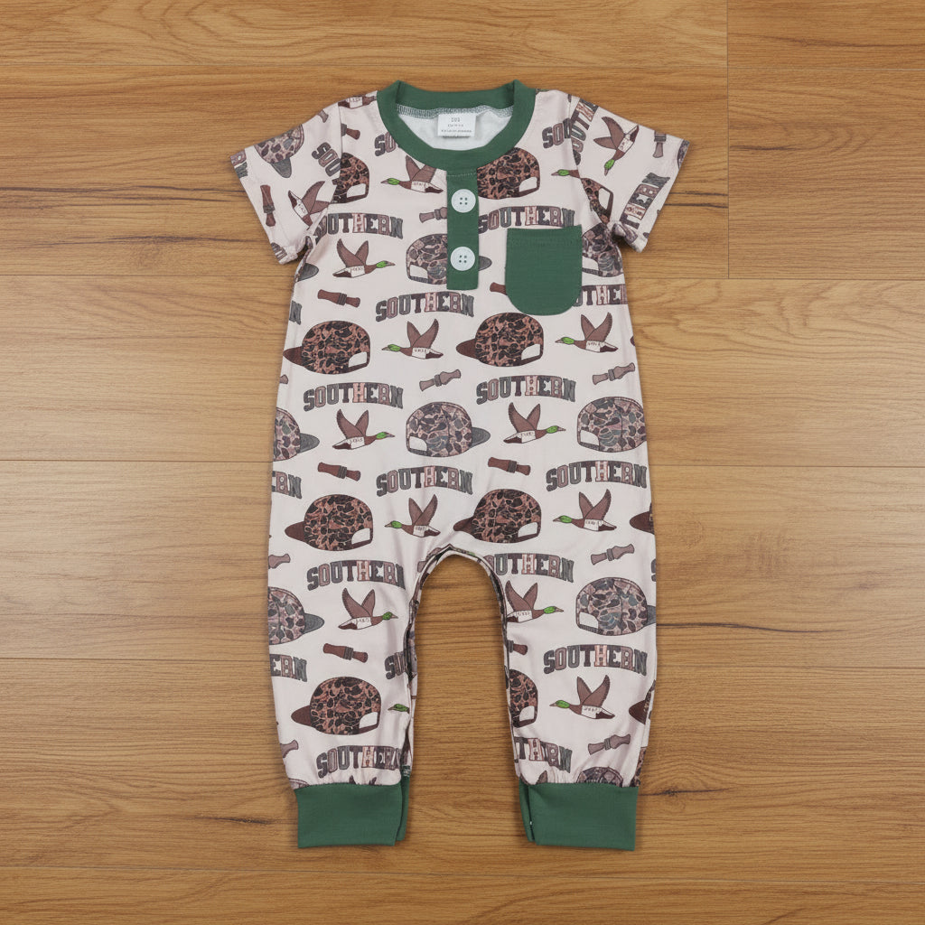 short sleeve southern camo duck call boy romper
