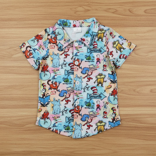 cat in hat button down t-shirt