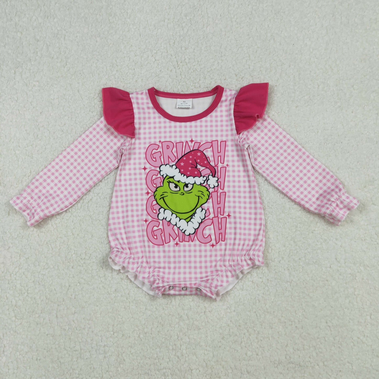 pink gingham gri*ch Christmas baby girl bubble