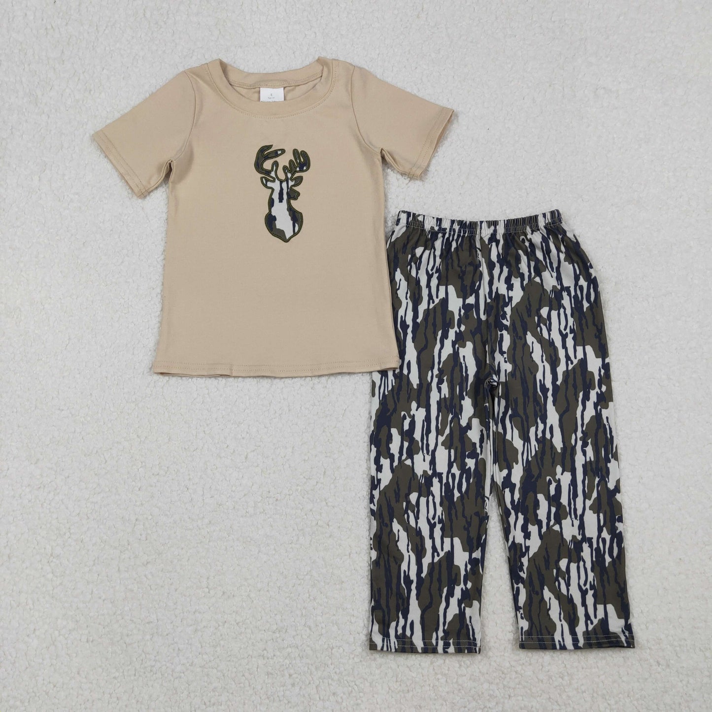 deer embroidery short sleeve camo pants set boy clothes set