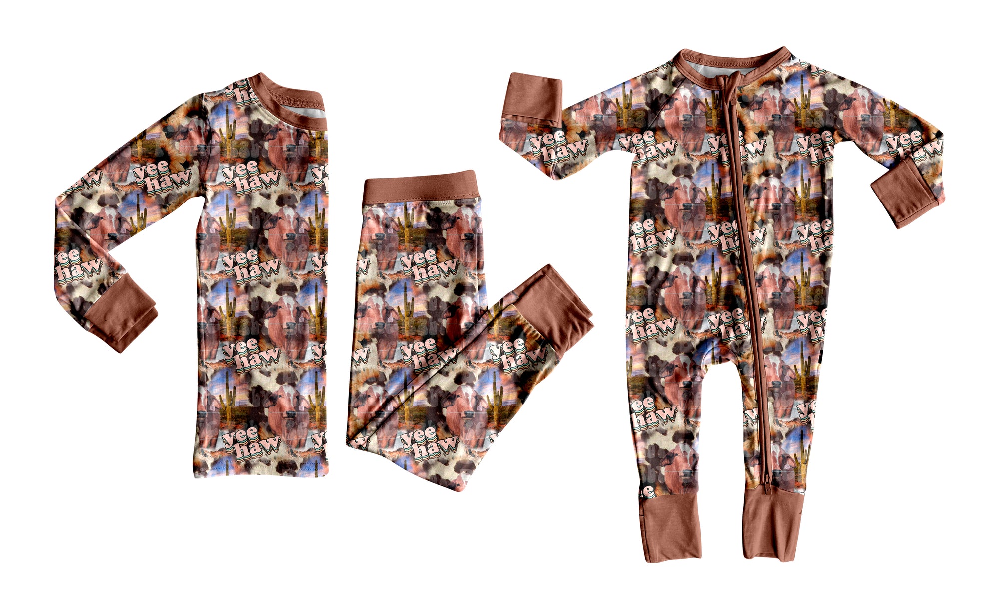 TAT 6-7 weeks MOQ 3 each western yeehw print kids pajamas