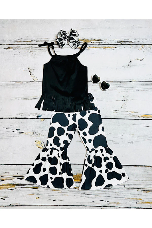 Black suede sleeveless fringe top /cow print bell bottoms 2pc set