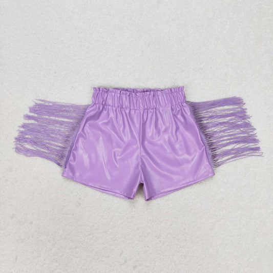 kids purple leather fringe shorts