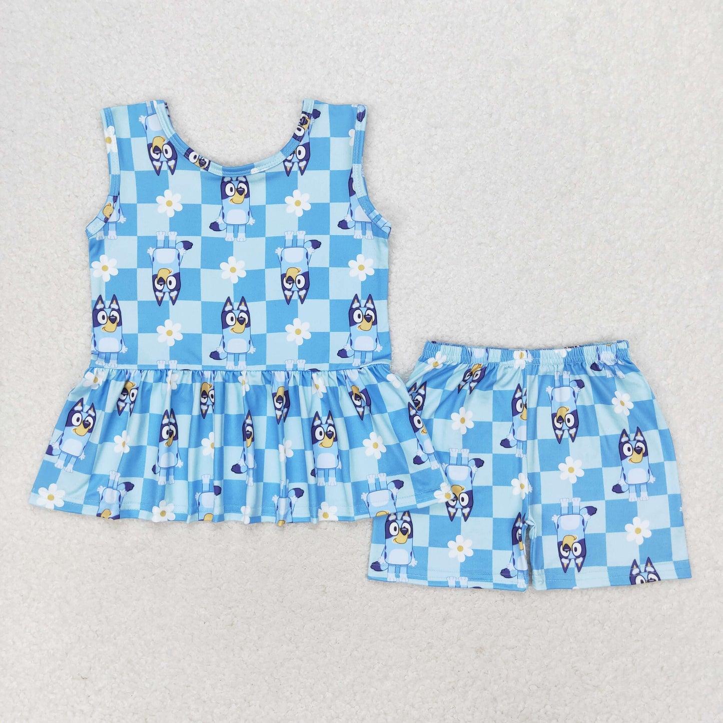 blue checkered blu*y girl tank shorts set