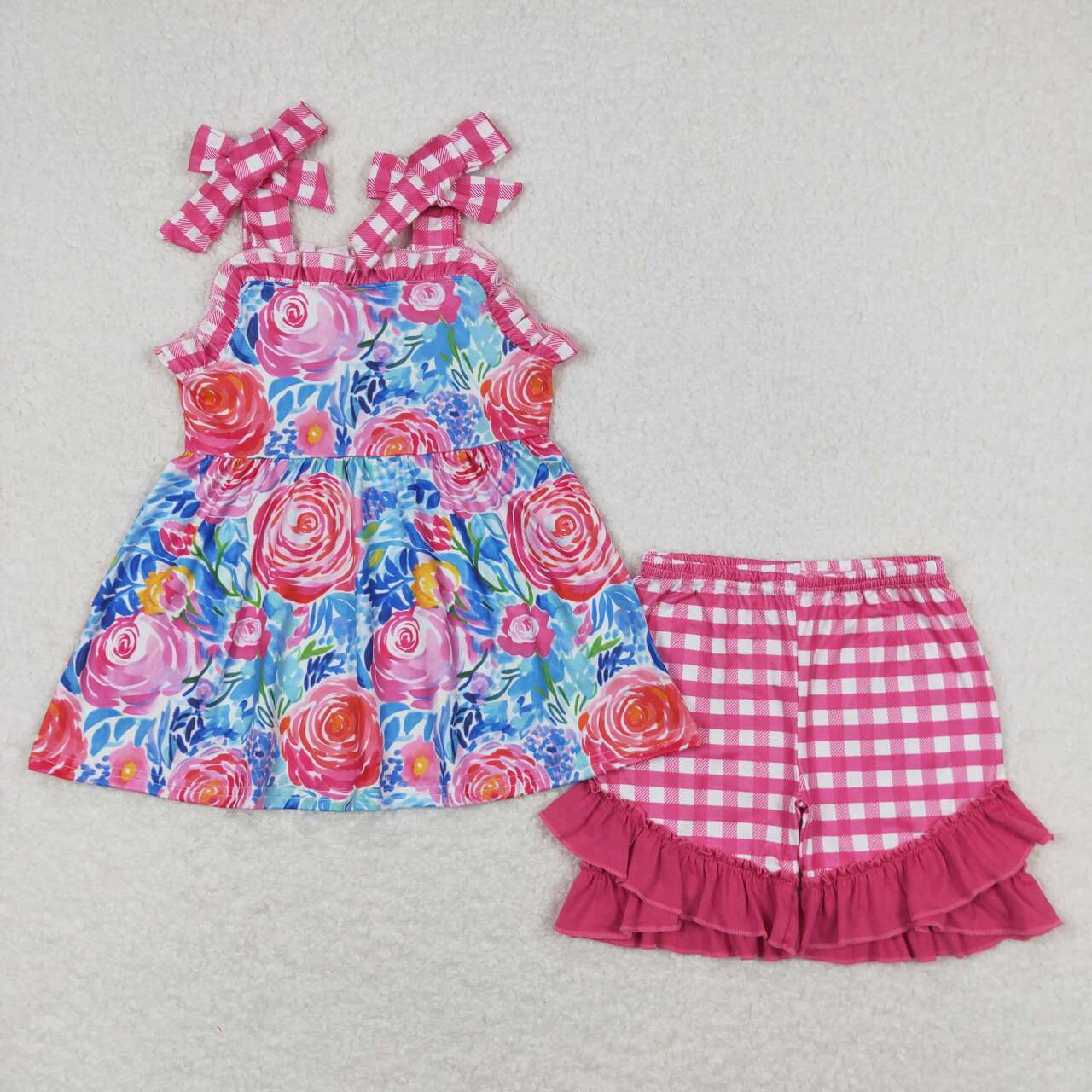 large scale bright watercolor floral shorts set  little girl summer outfit