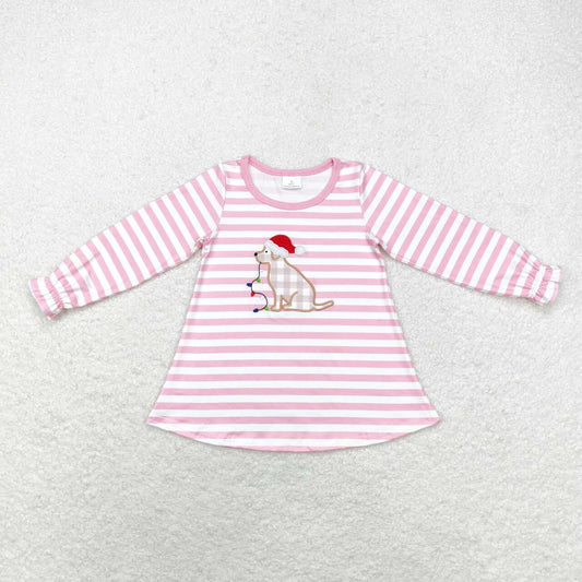 pink stripe santa dog embroidered pullover