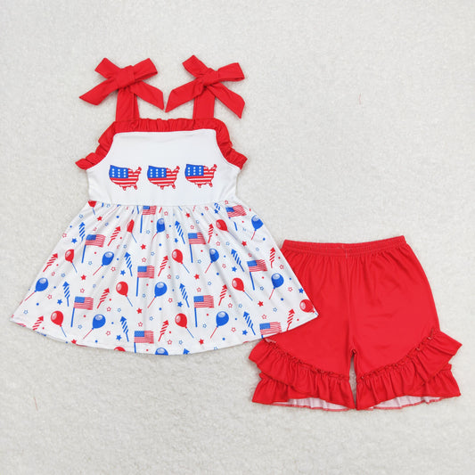 4th of July girl outfit flag balloon shorts set