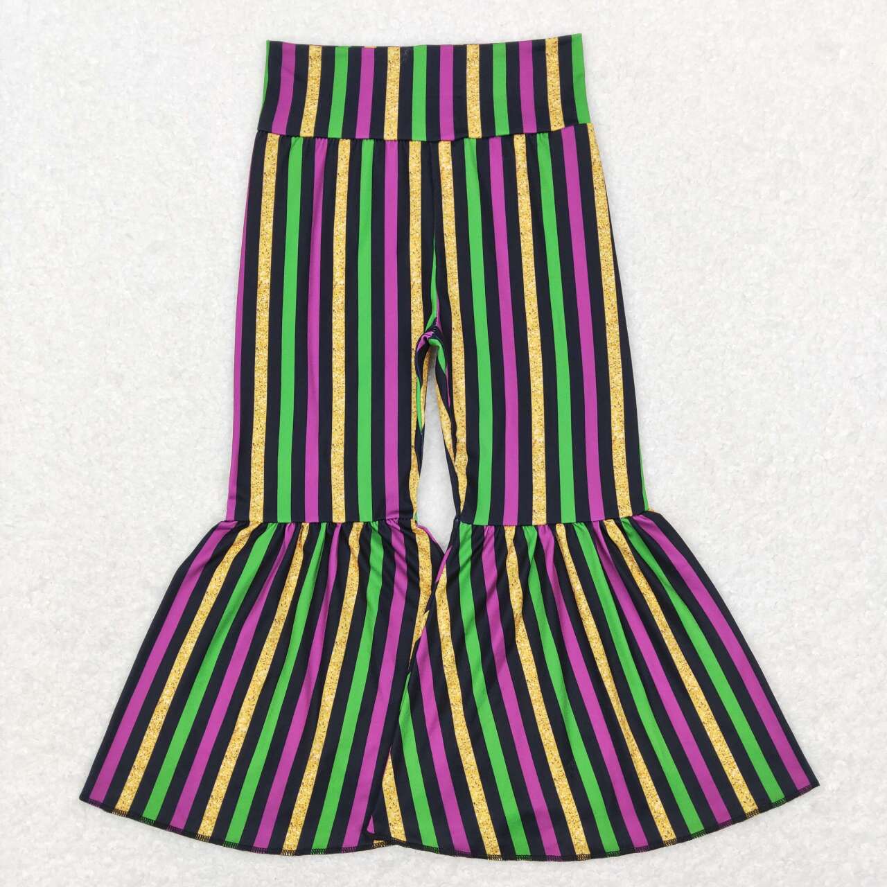 mardi gras girl purple yellow green stripe bell bottom pants