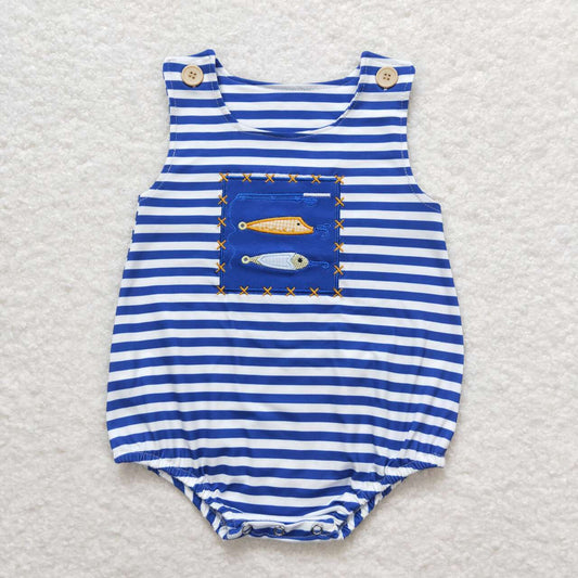 fish hook blue stripe embroidery tank bubble infant clothes