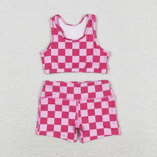kids girl summer yoga suit hot pink checkered