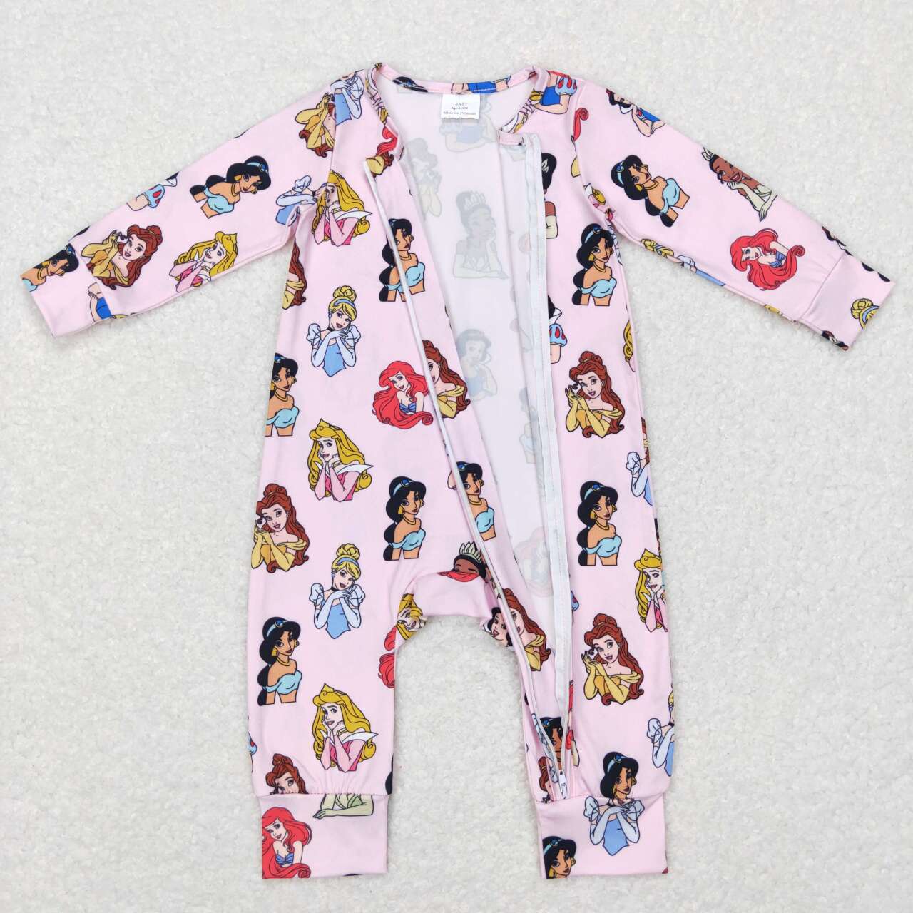 pink princess print baby girl zip sleeper