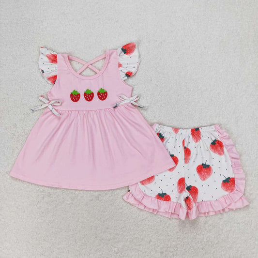 baby girl clothes strawberry embroidery shorts set pink