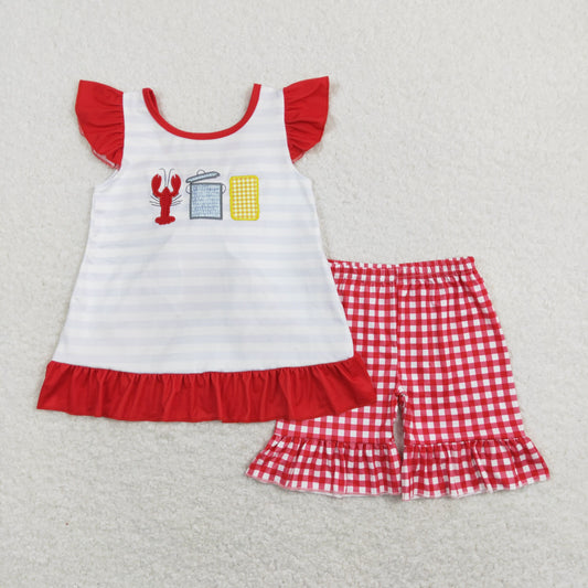 crawfish boil embroidery girl shorts set,back bow outfit