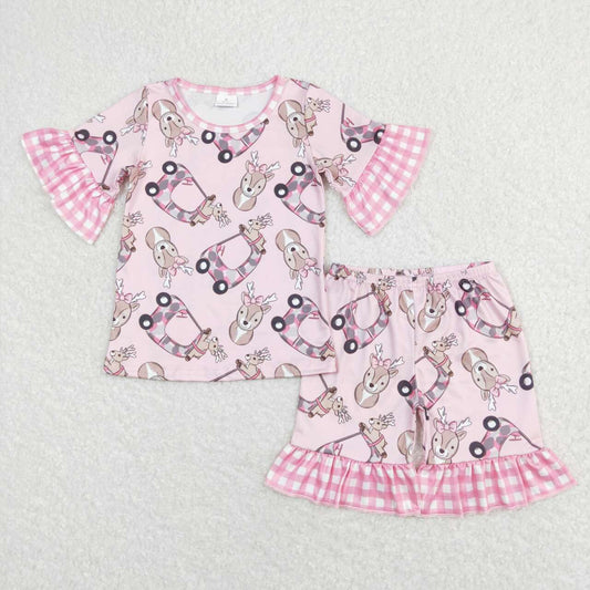 baby girl clothes deer print ruffle shorts pajama set pink