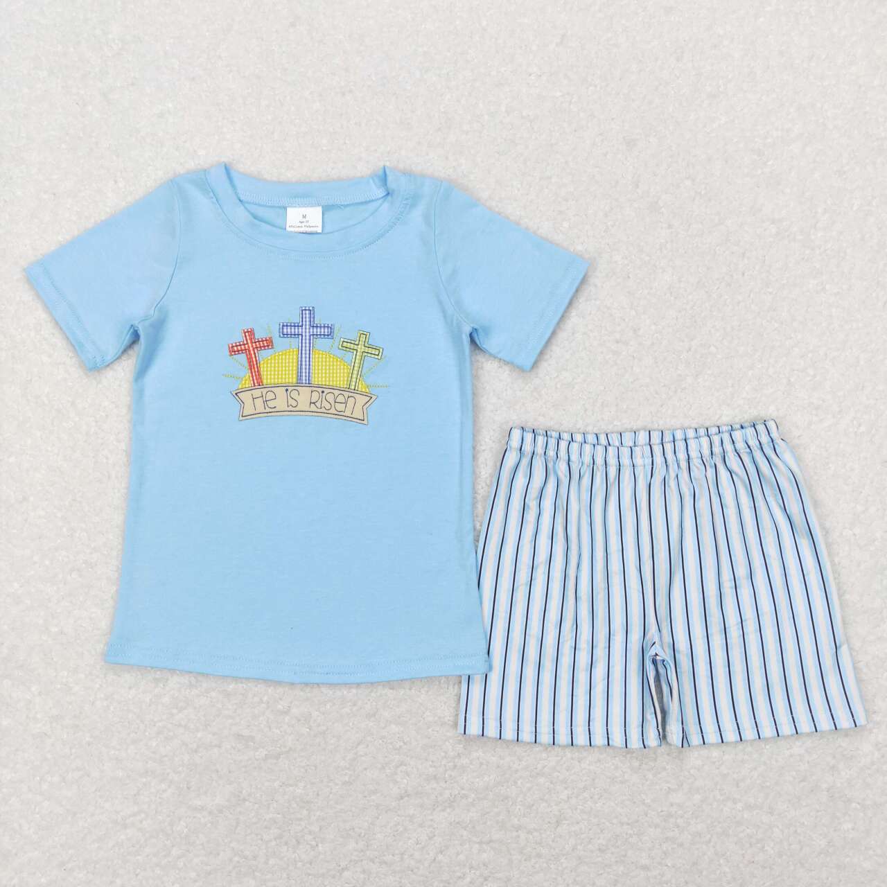 boy easter blue he is risen shorts set