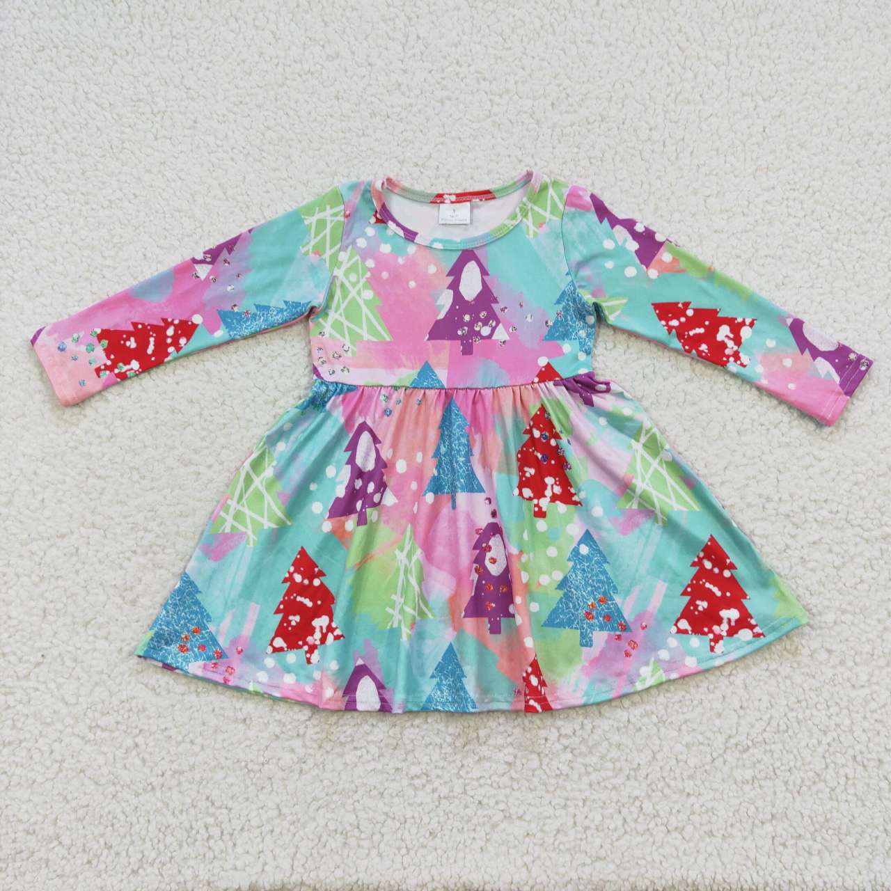 Colorful christmas tree long sleeve twirl dress