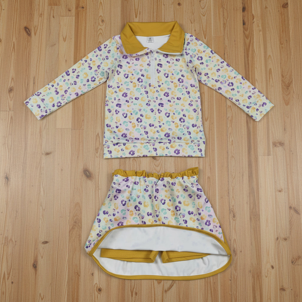 mardi gras leopard athletic zip pullover skort set yoga outfit