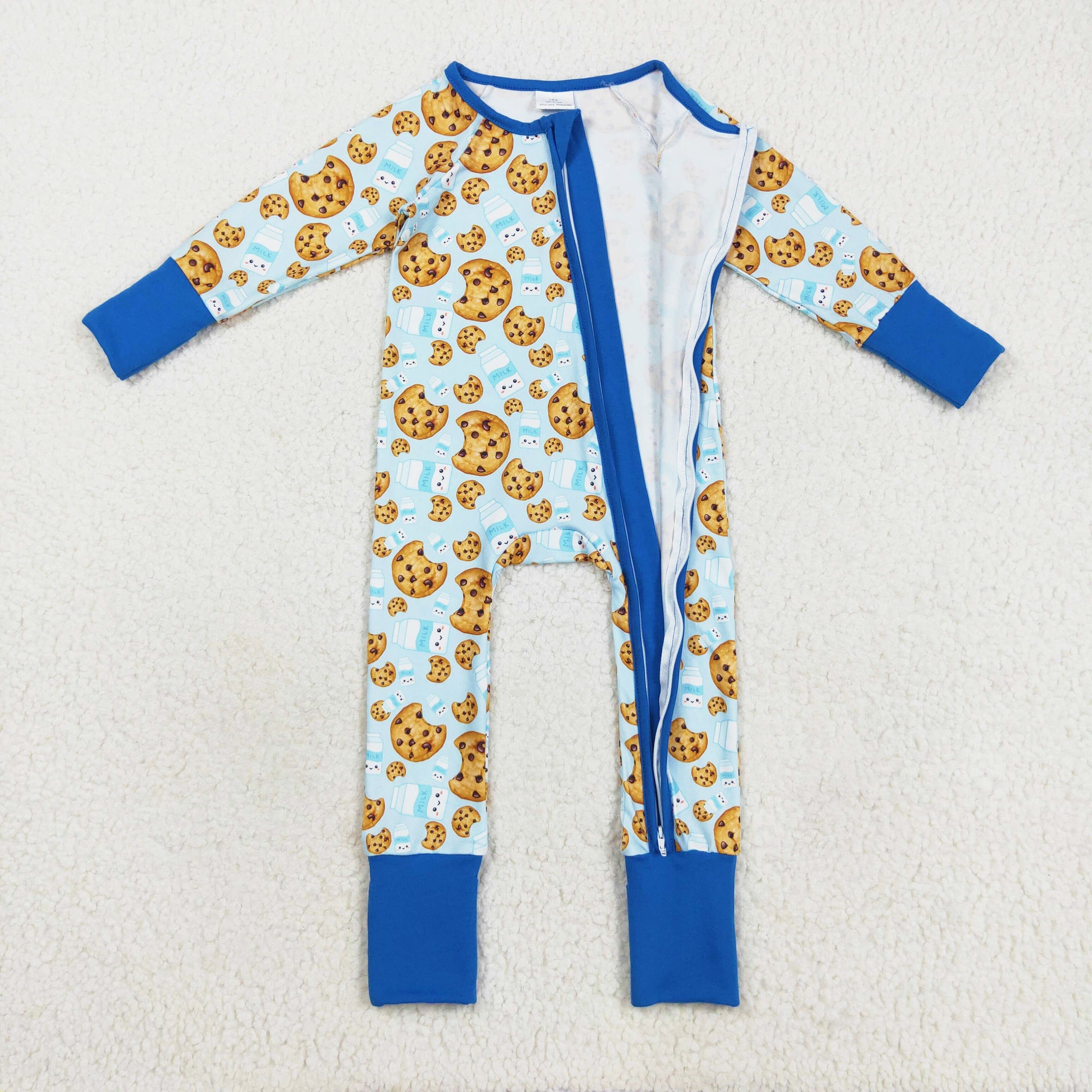 milk biscuit blue Christmas cookies print girl zip sleeper