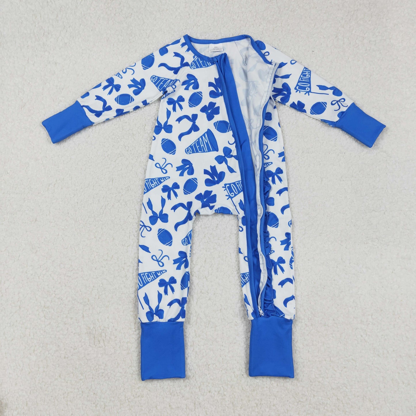 blue go team football ruffle zipper sleeper