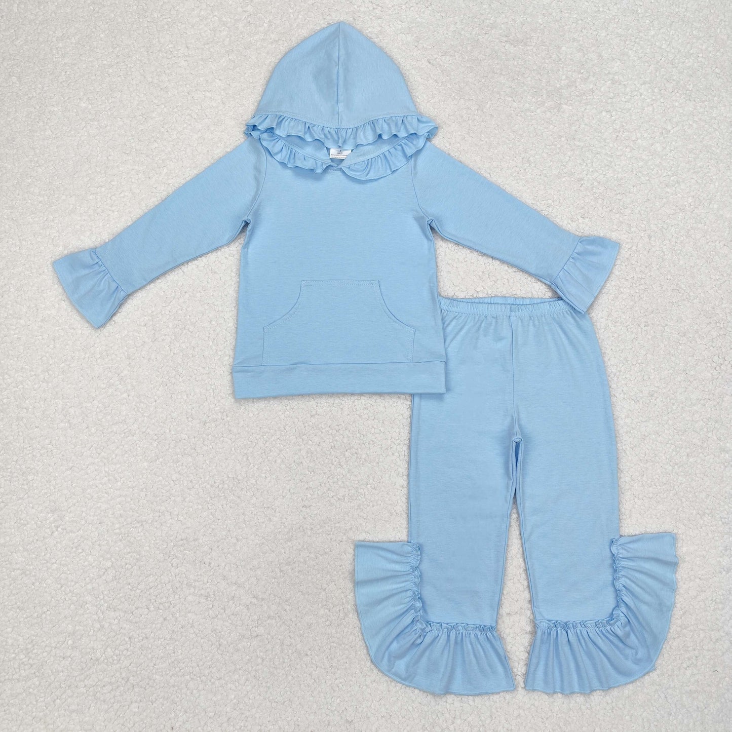 winter solid blue cotton ruffle hoodie pants outfit girl’s clothing