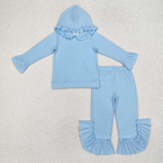 winter solid blue cotton ruffle hoodie pants outfit girl’s clothing