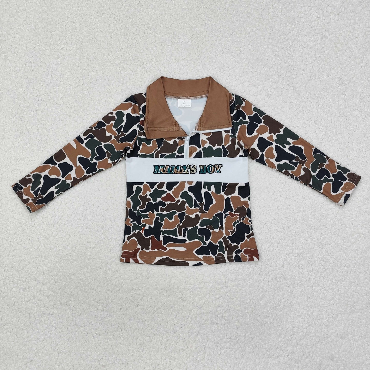 mama's boy embroidered camo zip pullover shirt