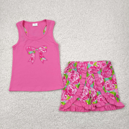 hot pink rosey bow embroidery girl tank set