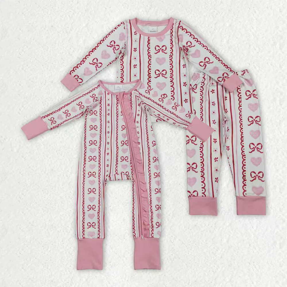 Matching Baby girls love bow pink romper pajamas