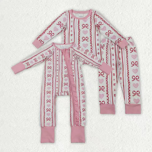 Matching Baby girls love bow pink romper pajamas