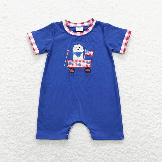 SR0749 USA Warehouse Embroidery Blue Dog Target Boy Romper