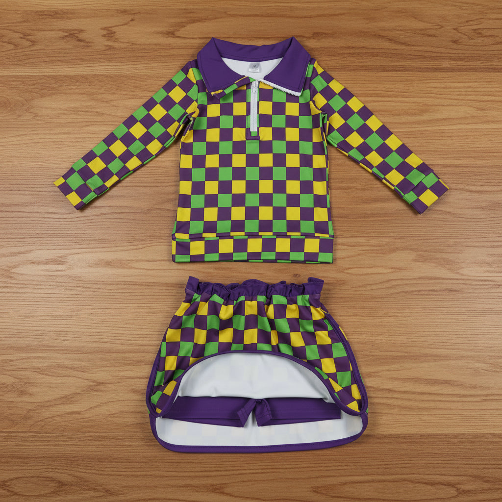 mardi gras checkered athletic zip pullover skort set outfit
