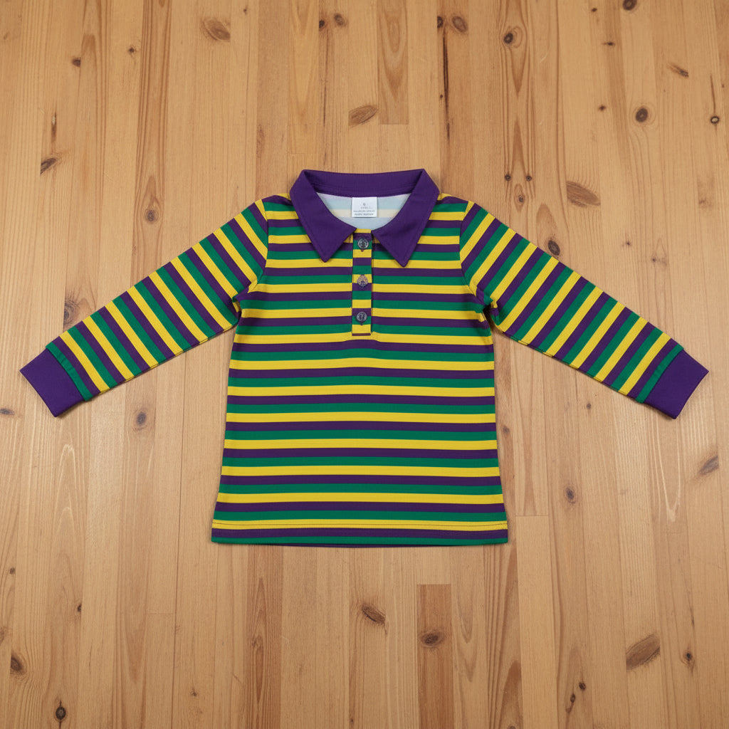 boy mardi gras purple green gold stripes polo shirt