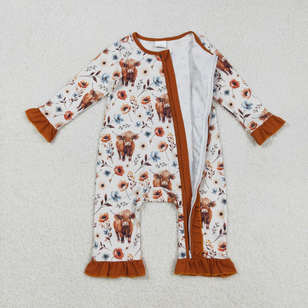 brown floral highland cow ruffle zipper sleeper