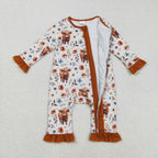 brown floral highland cow ruffle zipper sleeper