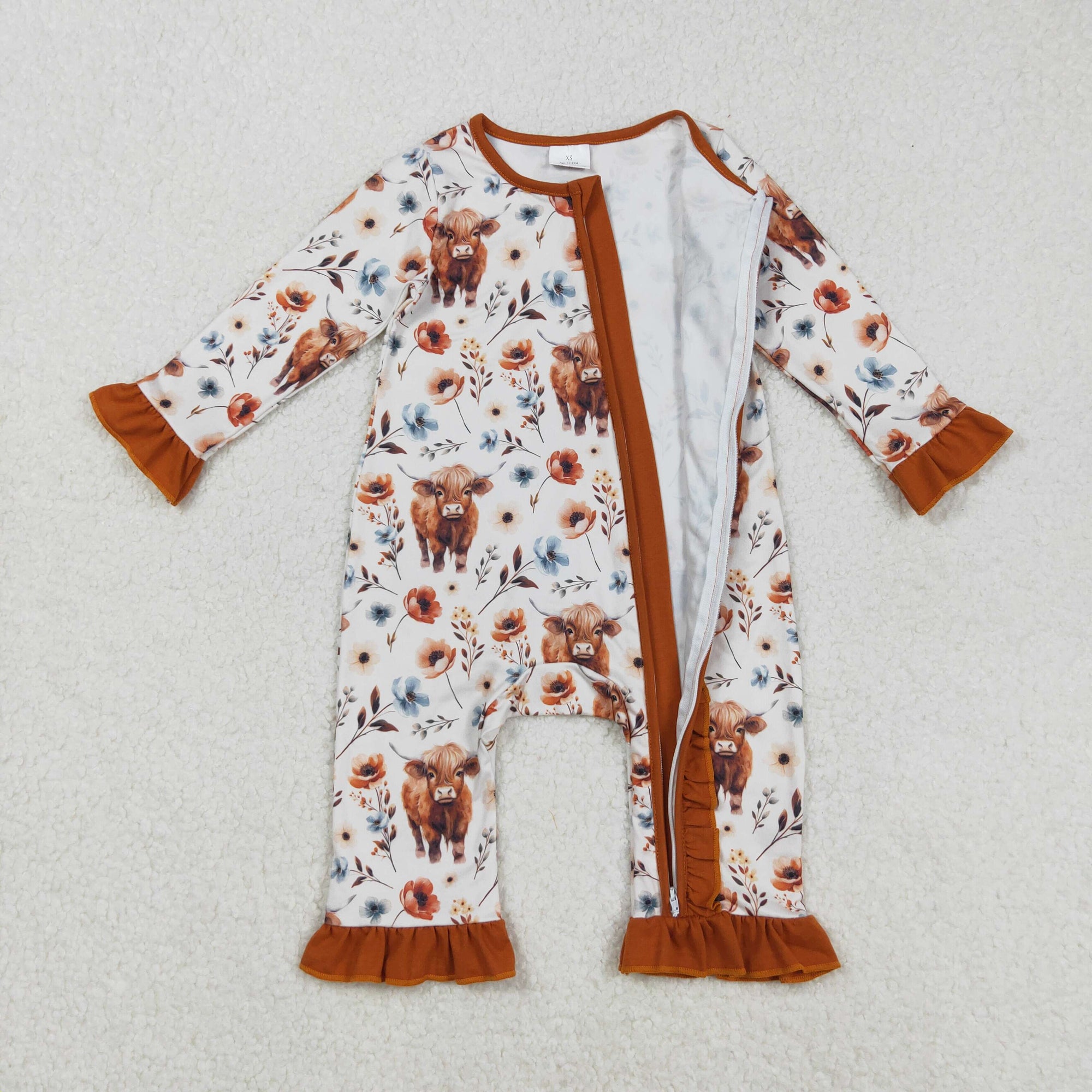 brown floral highland cow ruffle zipper sleeper