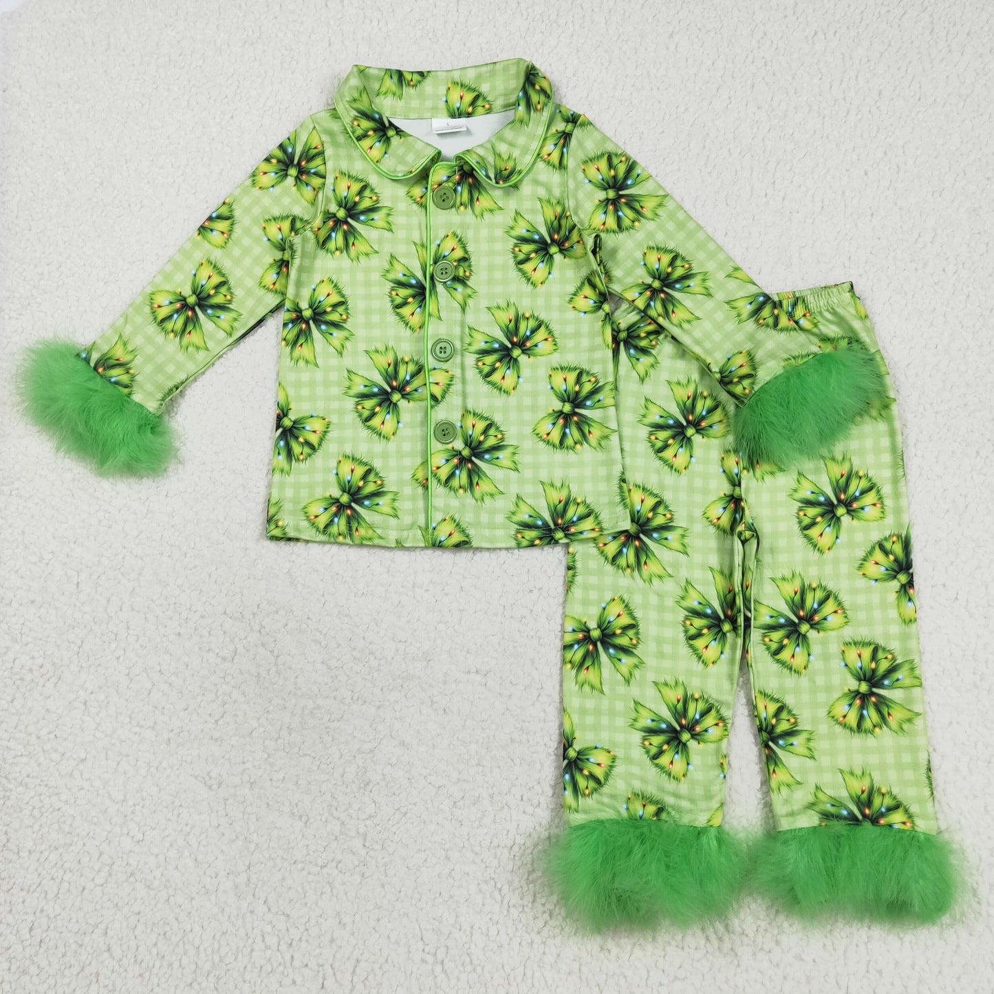 gri*ch green bows fuzzy trim pajamas