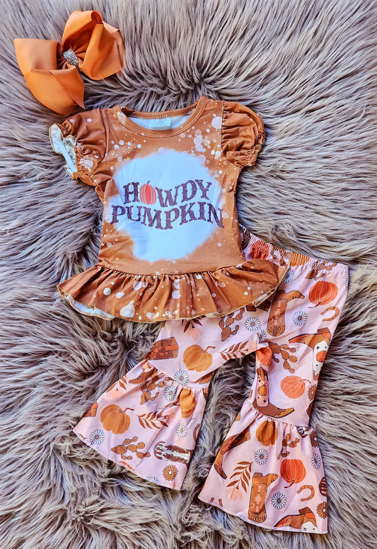 child girl fall clothing howdy pumpkin bell bottoms outfit