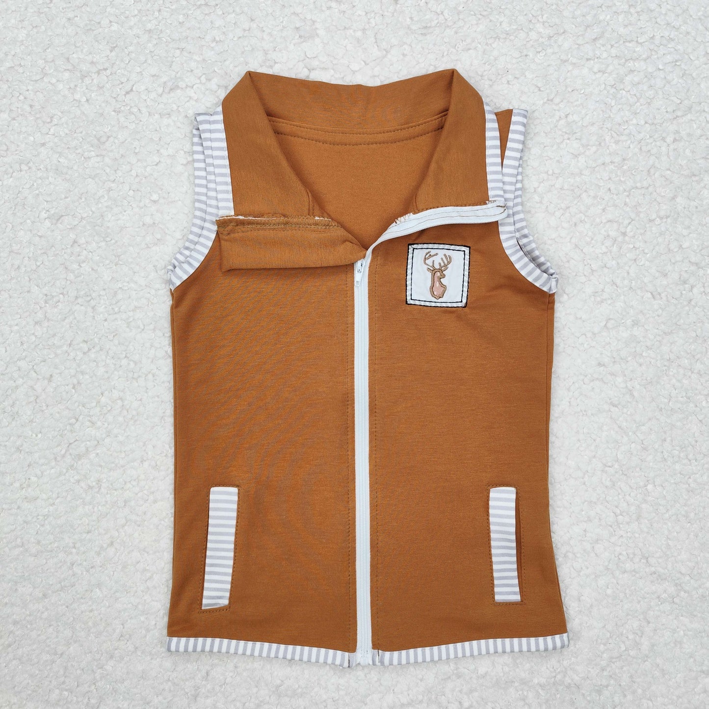 deer embroidery baby boy brown vest with pocket