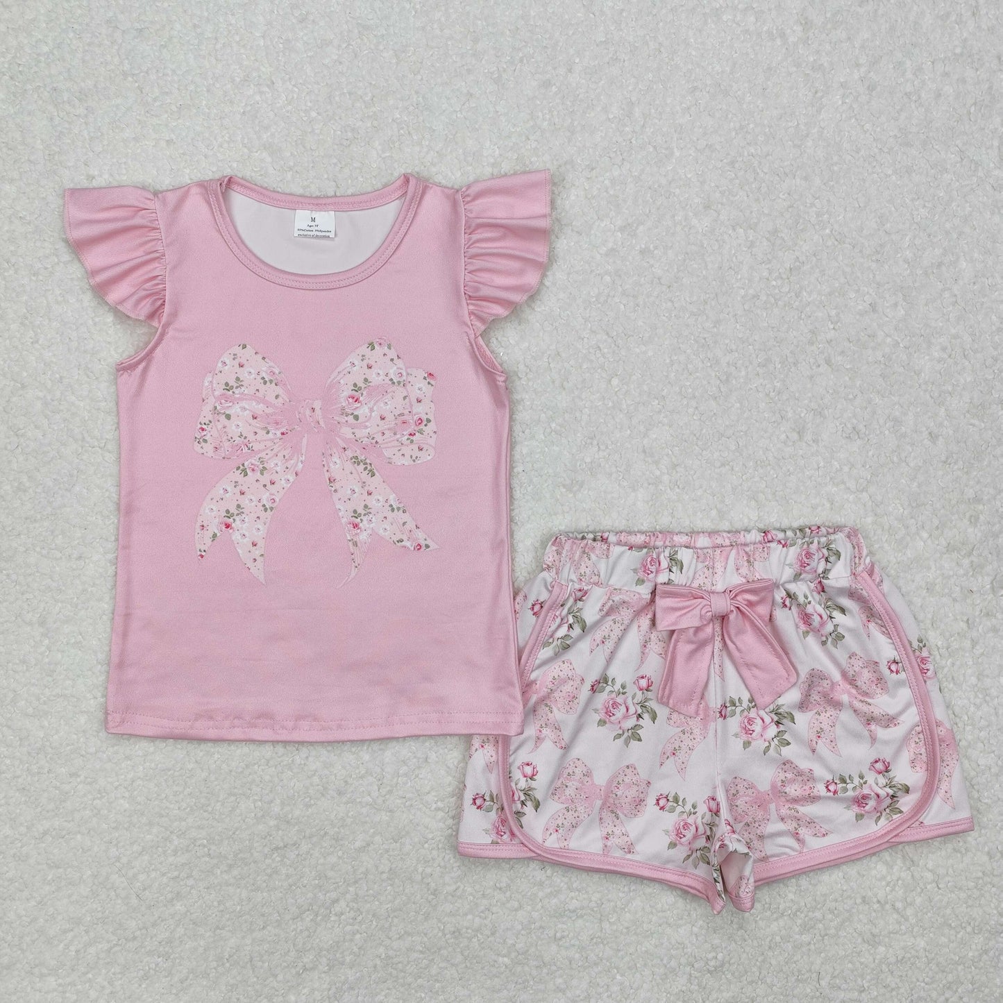pink floral bows shorts set summer girls outfit