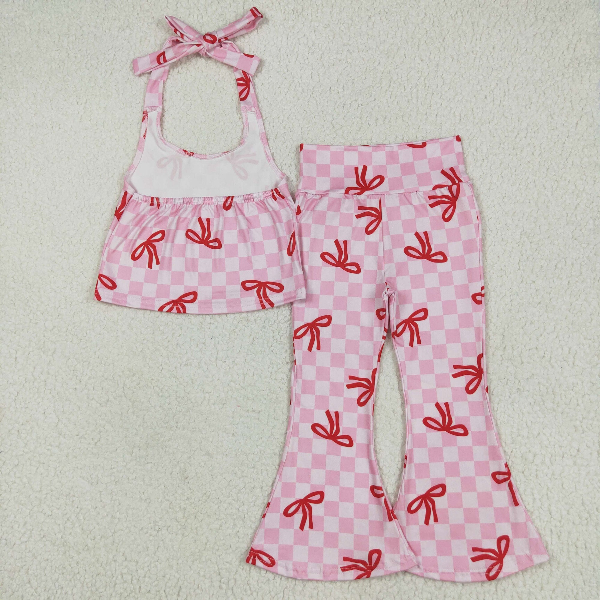 checkered bow halter bell bottom pants set