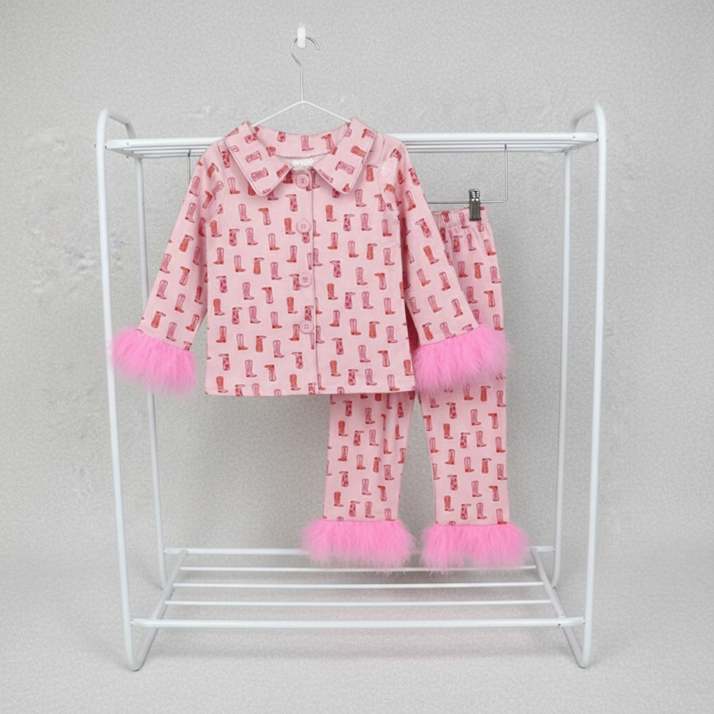 pink cowgirl boots button pajama set