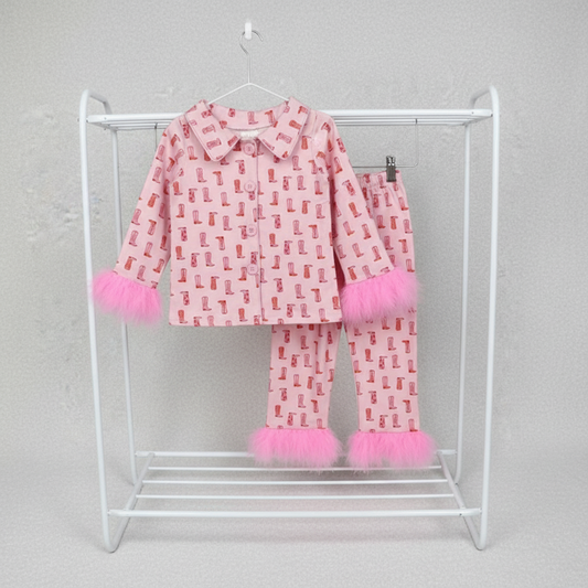 pink cowgirl boots button pajama set