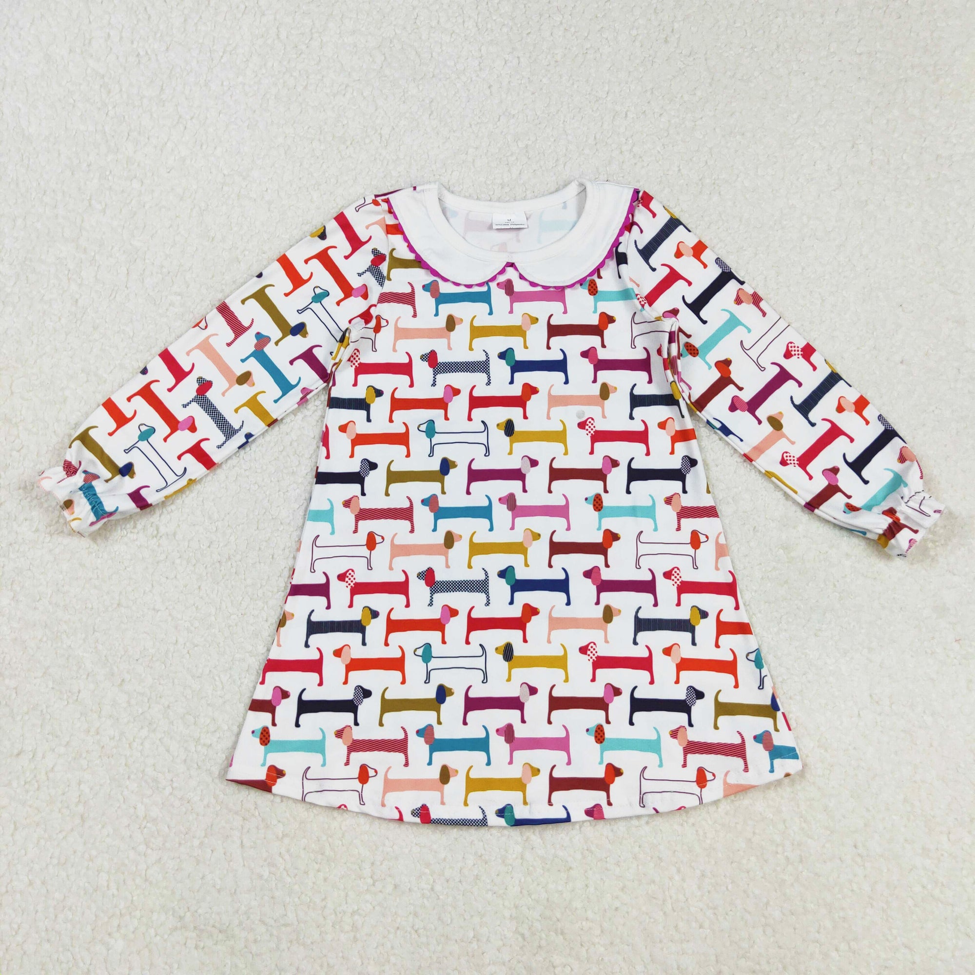 long sleeve colorful dog print collared dress