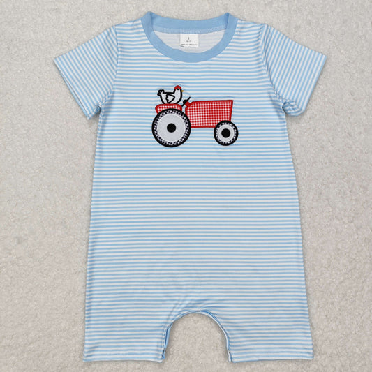 baby boy blue stripe chicken tractor embroidery romper