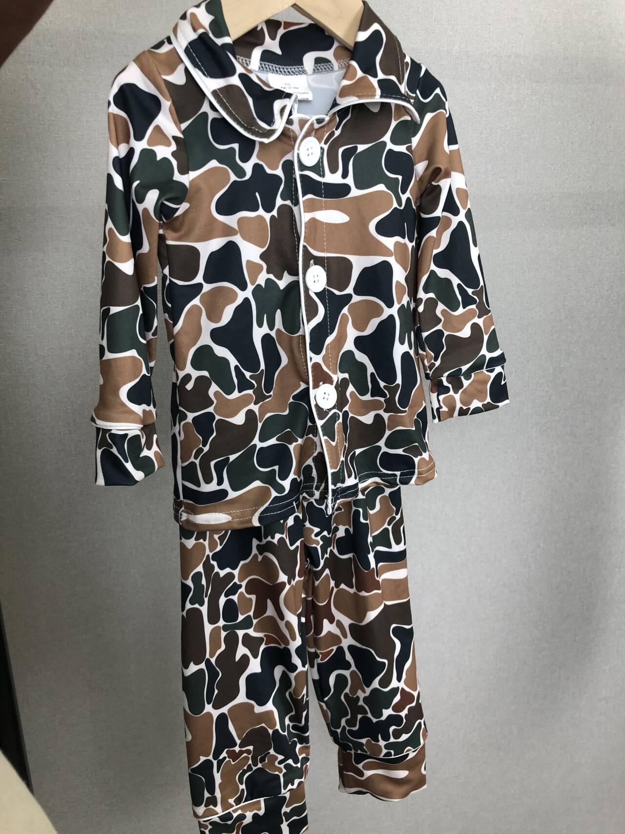 kids camo button up pajama outfit