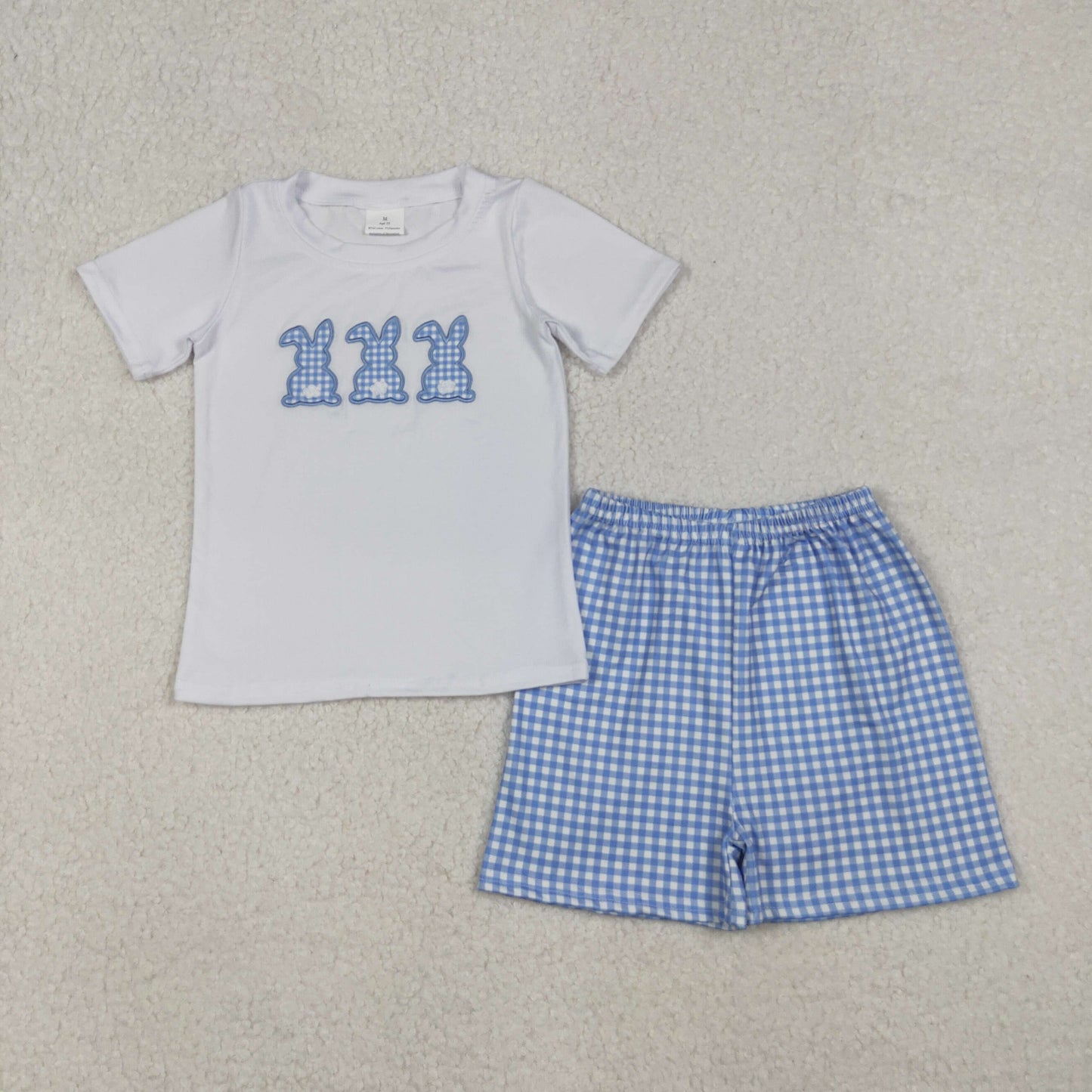 blue gingham bunny embroidery shorts set boy easter clothes