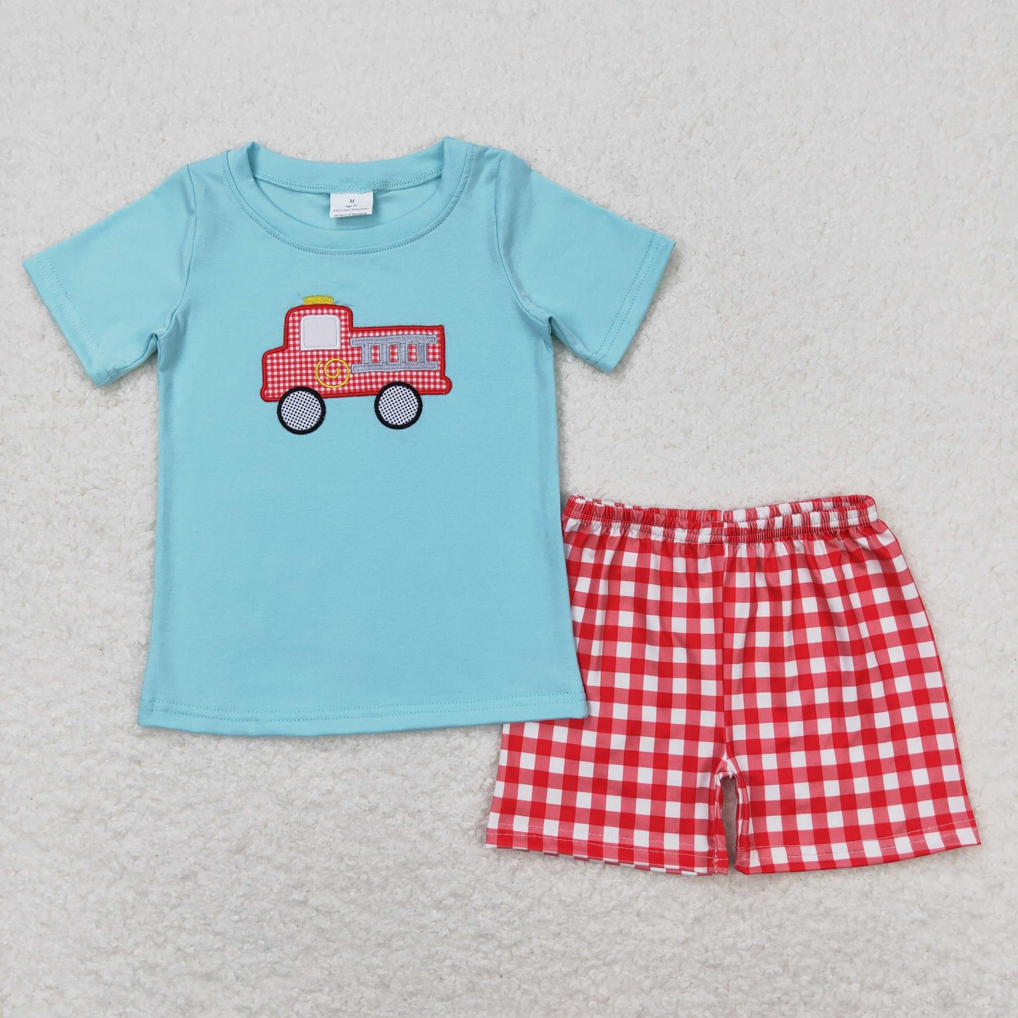firefighting truck embroidery shorts set baby boy clothes